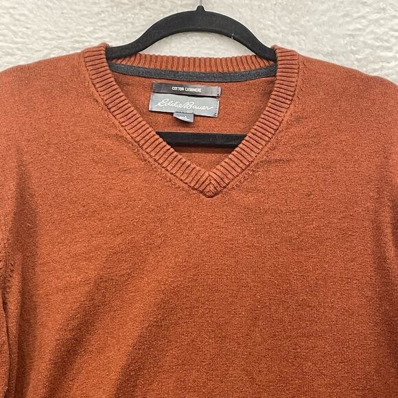 Eddie Bauer Sweater Mens Large Orange Cotton Cashmere Pullover V Neck Outdoor - Picture 4 of 10